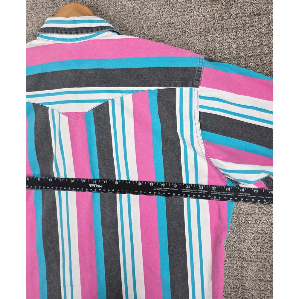 Vintage Wrangler Brushpopper Mens Western Shirt Pink Striped X-Long Tails 17x36 - Picture 9 of 10